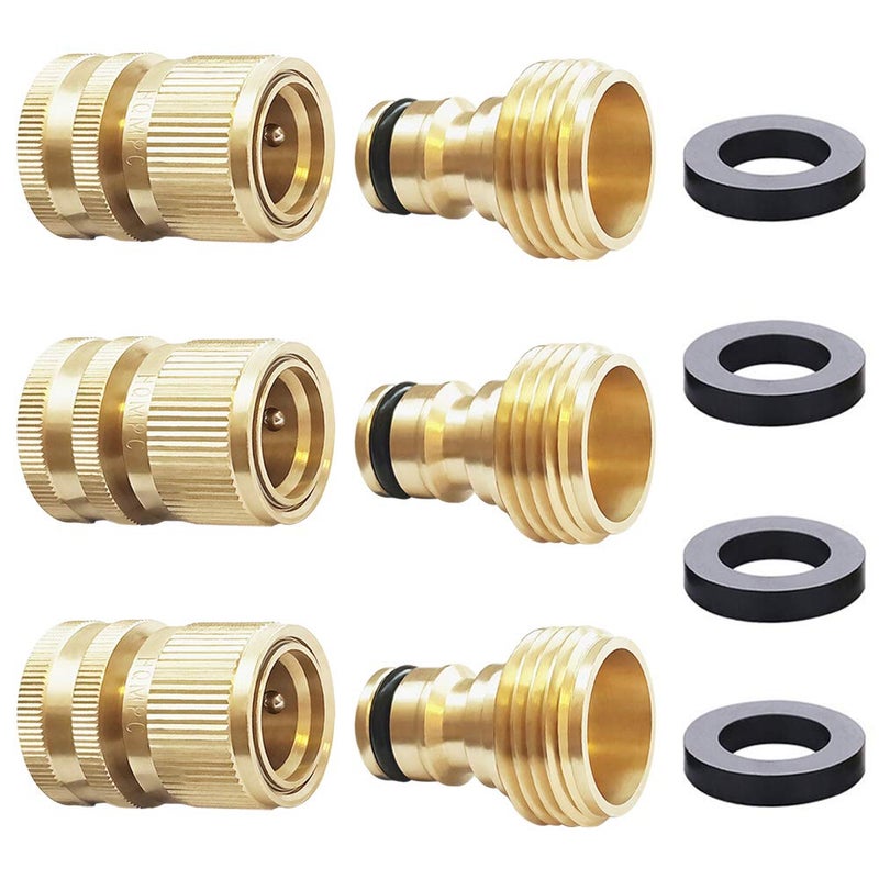 HQMPC Garden Hose Quick Connect Solid Brass Quick Connector Garden Hose Fitting Water Hose Connectors 3/4 inch GHT (3 SETS) - Image 1